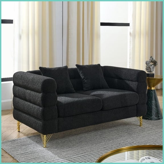 60 Inch Modern 2-Seater Teddy Fabric Sectional Sofa with Lumbar Pillows – Stylish Living Room/Bedroom Couch