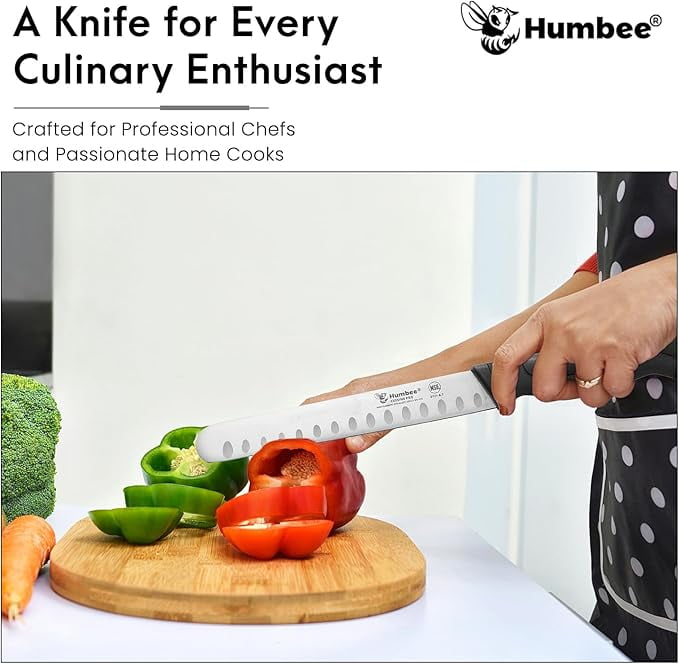 Humbee Chef Carving Knife 8-Inch with Granton Edge for Turkey Ham Meat Slicing and cutting NSF Certified DT-21 Series, Black