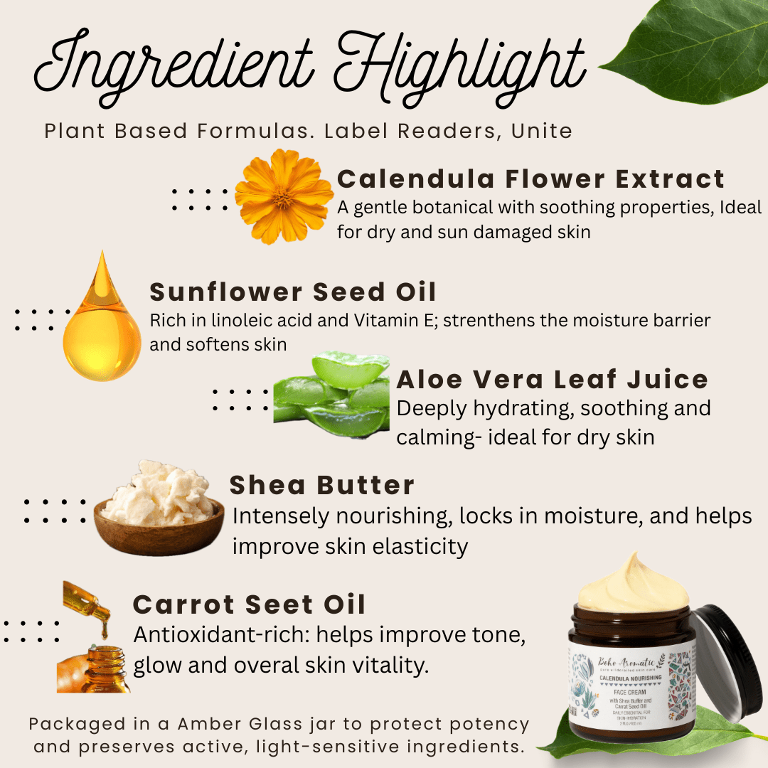 Boho Calendula Face Cream - Hydrating Moisturizer for Dry Skin, Vegan & Organic, 1.7 fl oz Glass Jar