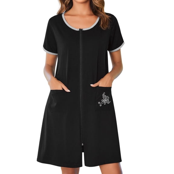 Ekouaer Women Zipper Front House Coat Short Sleeves Robe Zip Up Bathrobes Short Nightgown with Pockets
