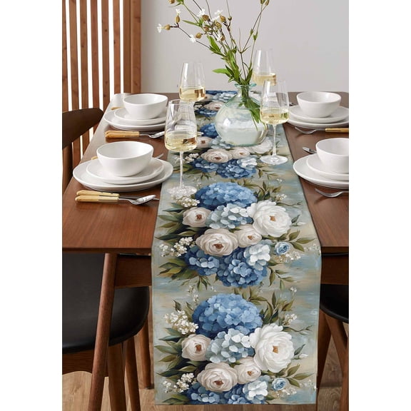 Farm Blue White Hydrangea Table Runner 13x36in Non-Slip Cotton Linen Table Runners, Watercolor Floral Art Dresser Scarves TableRunner for Dinner Kitchen Dining Wedding Party