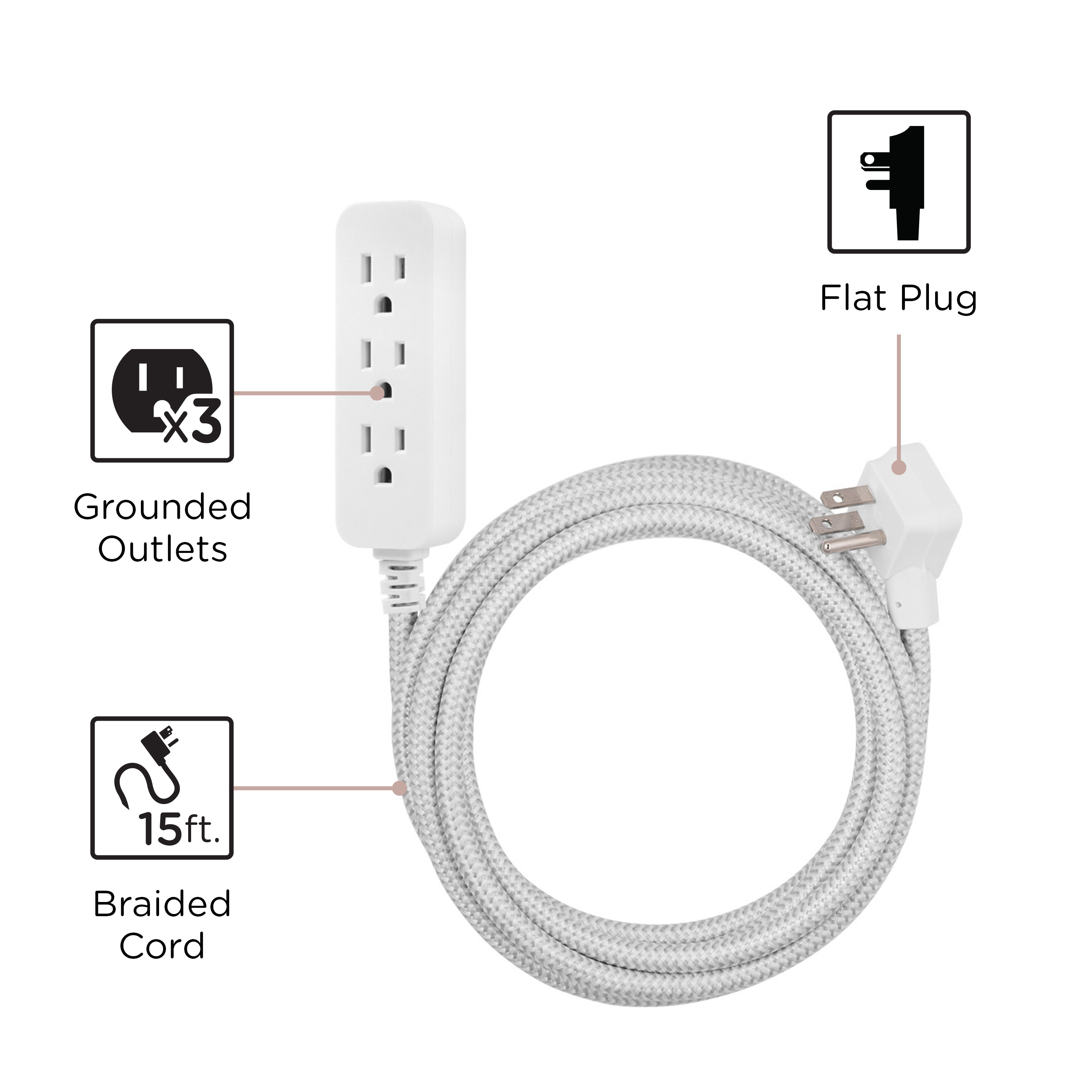 Cordinate 15ft 3-Outlet Extension Cord, Flat Plug, Gray Chevron photo 3