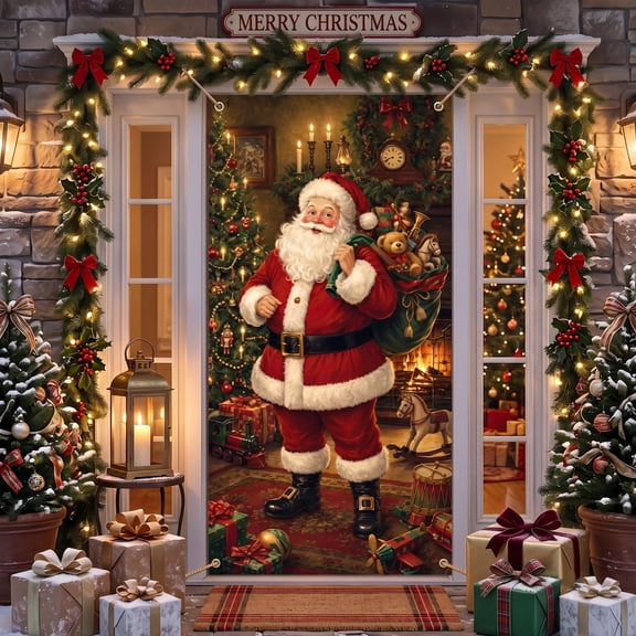 36x72in Santa Claus Christmas Door Cover Banner for Front Door Decor