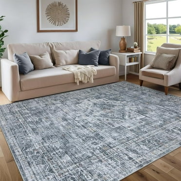 Lahome Washable Rug 6'x9' Farmhouse Indoor Entryway Rug Tribal Low-Pile Small Rug for Front Door, Print Distressed Room Carpet Non-Slip Throw Rug for Kitchen Bathroom Sink Entry,Dark Grey