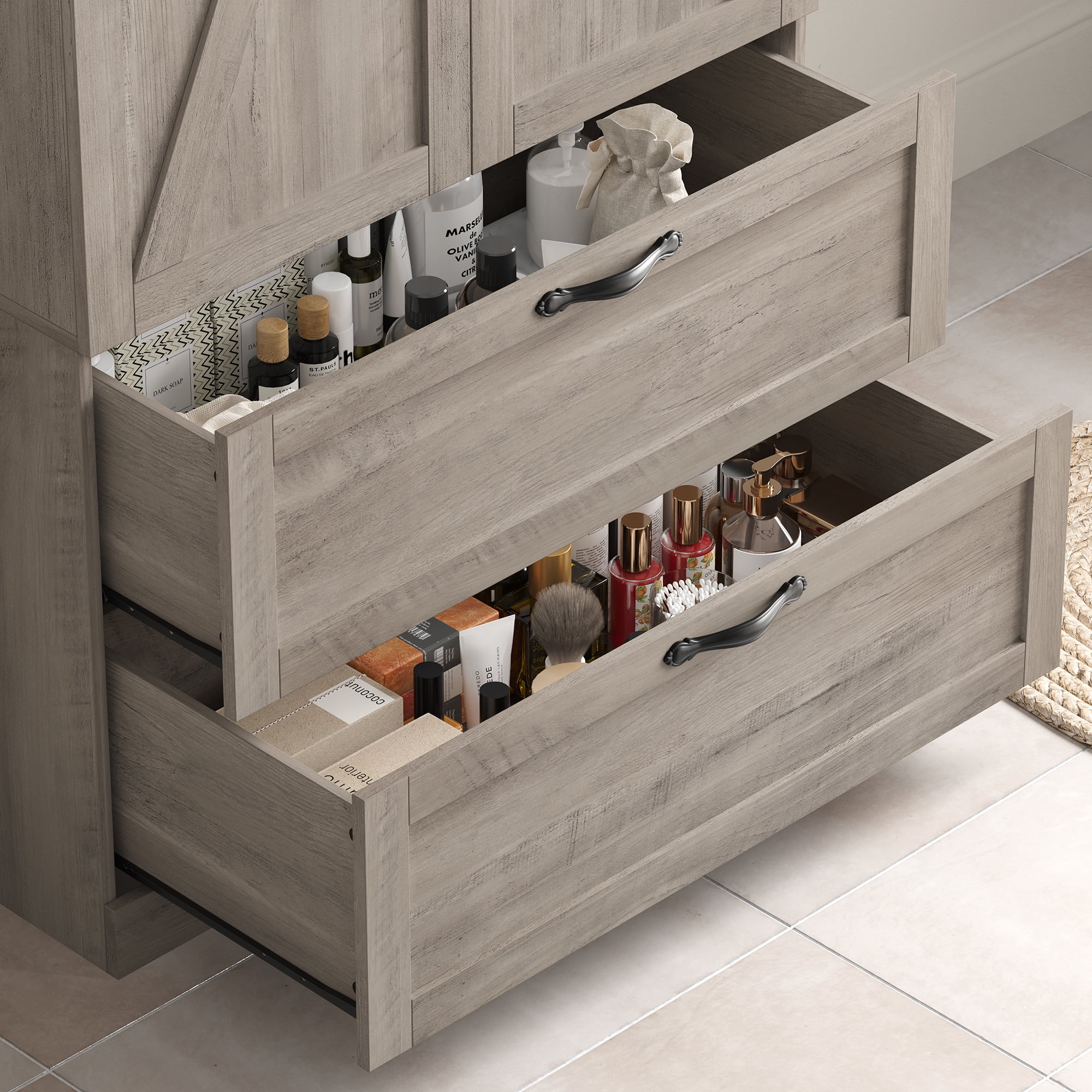 Homfa 70.3"H Bathroom Storage Cabinet, Farmhouse Linen Storage Cabinet with 2 Drawers, Wash Gray