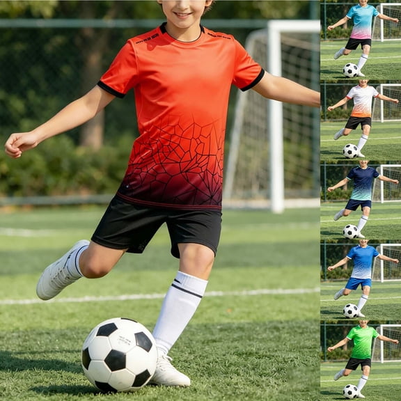 Letdown Boys 2 Piece Outfit Sets Crew Neck Short Sleeve Graphic Print Top And Shorts For Soccer Competition Training Children Sports Clothing Set For 8-18 Years Back To School