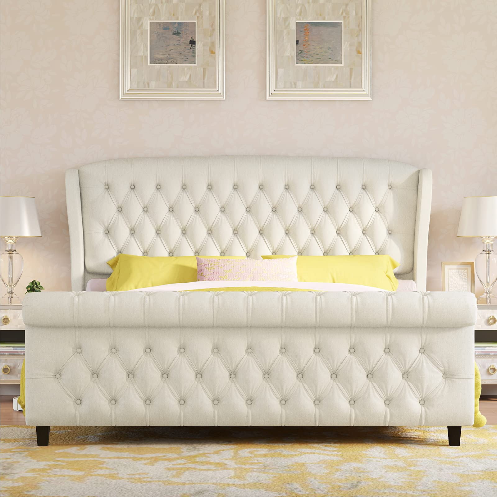 VanAcc Queen Size Platform Bed Frame, Chenille Upholstered Sleigh Bed Frame, Cream