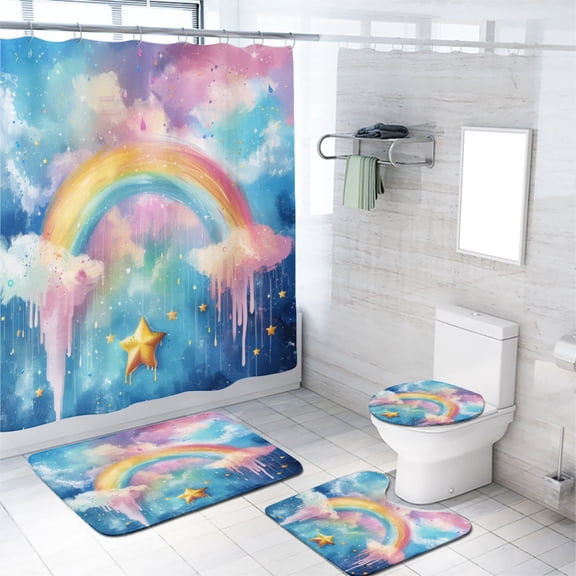 Rainbow 4 Pcs Shower Curtain Set Colorful Boho Sky Cloud Stars with Toilet Lid Cover and Bath Mat, Waterproof Shower Curtain with 12 Hooks, 72x72 Inch