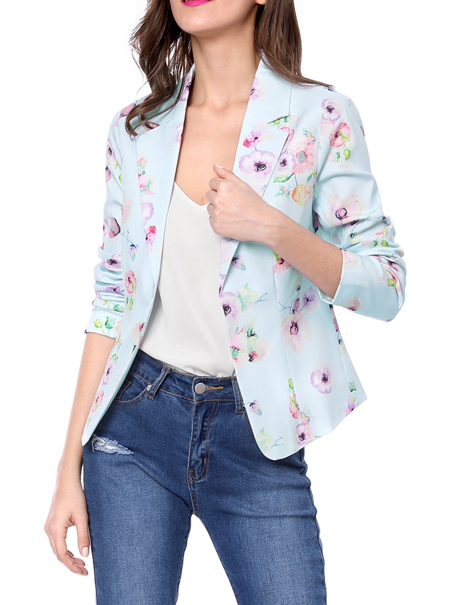 DARING DIVA Women's Elegant Notched Lapel Floral Print Blazer S Blue-Floral