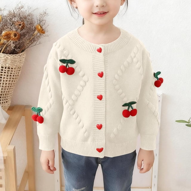Cowsor Toddler Baby Girls Cotton Knit Jacquard Sweater Cardigan, Crew Neck Spring Coat Sweater Long Sleeve Clothes Warm Tops