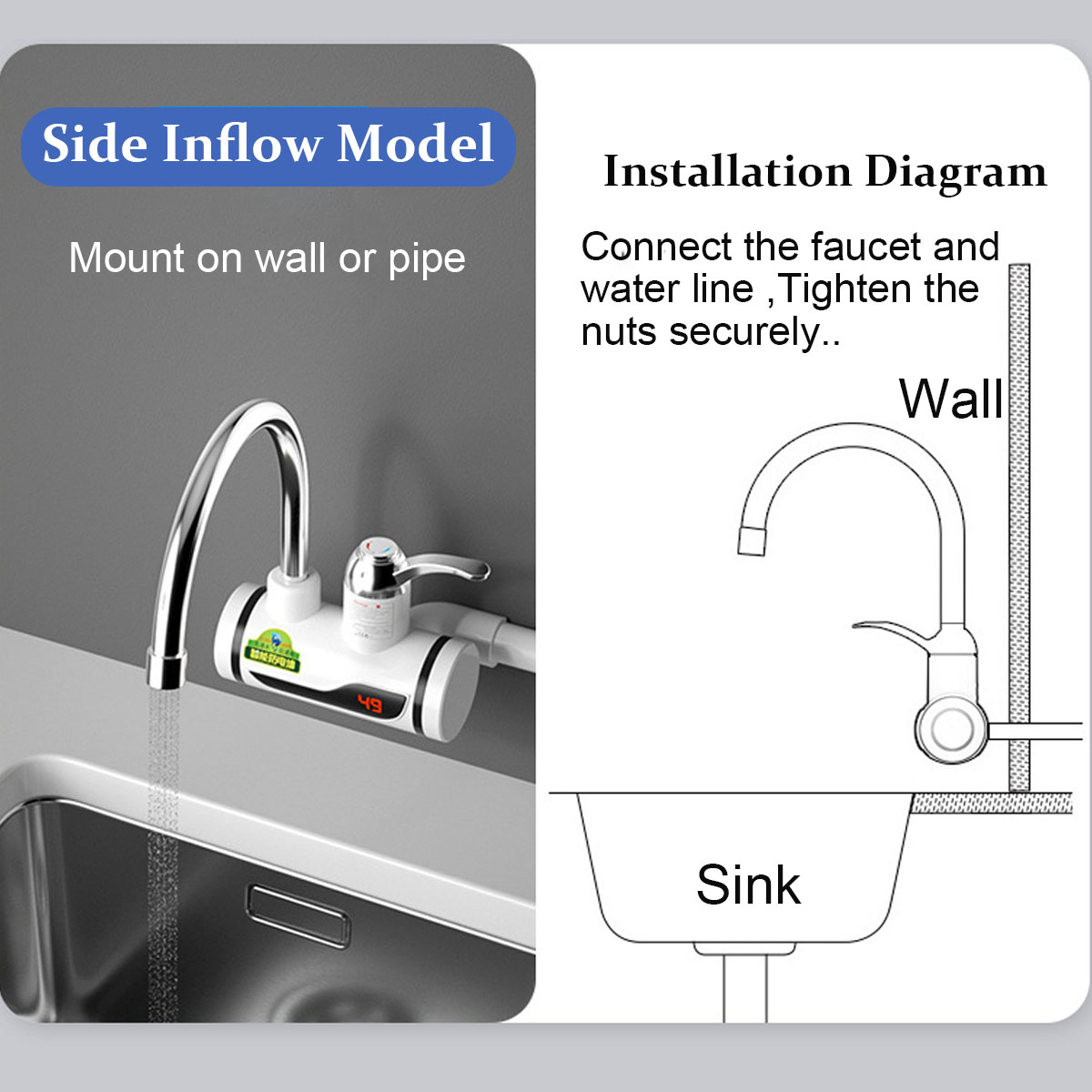 110V Electric Instant Tankless Water Heater - Fast Heating Faucet for Kitchen and Bathroom,Side Inflow Model