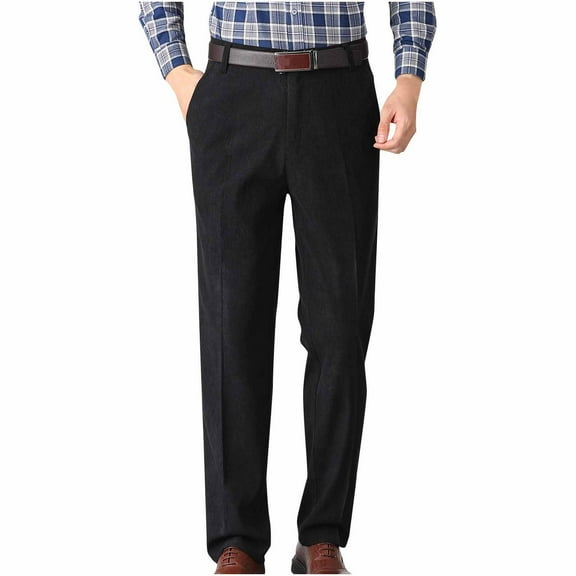 Wyobmus Men's Corduroy Dress Pants Solid Color Straight Leg Pants Casual Drape Button Suit Pants With Pocket Black