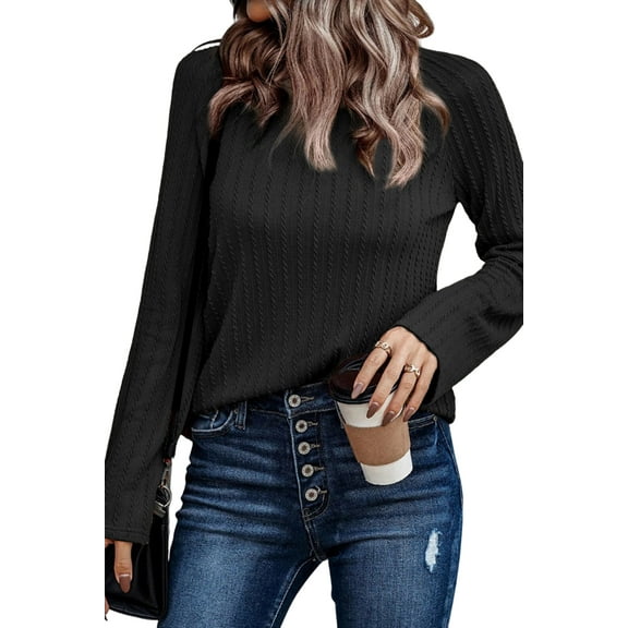 Mengpipi Womens Long Sleeve Shirts Casual Lightweight Pullover Crew Neck Tunic Tops Black, L(US 12-14)