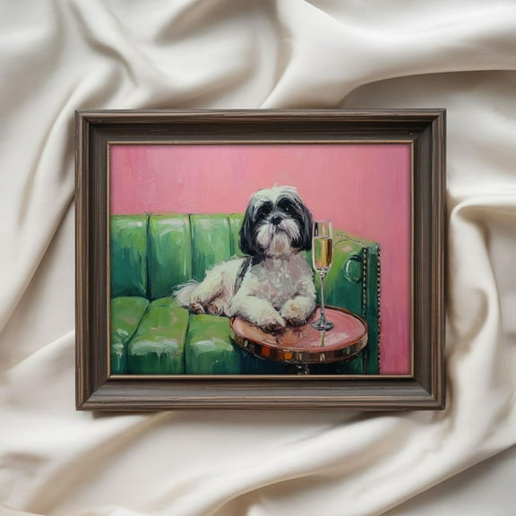 Shih Tzu With Champagne Print | Whimsical Dog Cocktail Art | Trendy Bar Cart Decor, Matte Canvas Stretched, Posters for Room Bedroom Living Room Bathroom Wall Decor, Posters & Art Prints, Gift.
