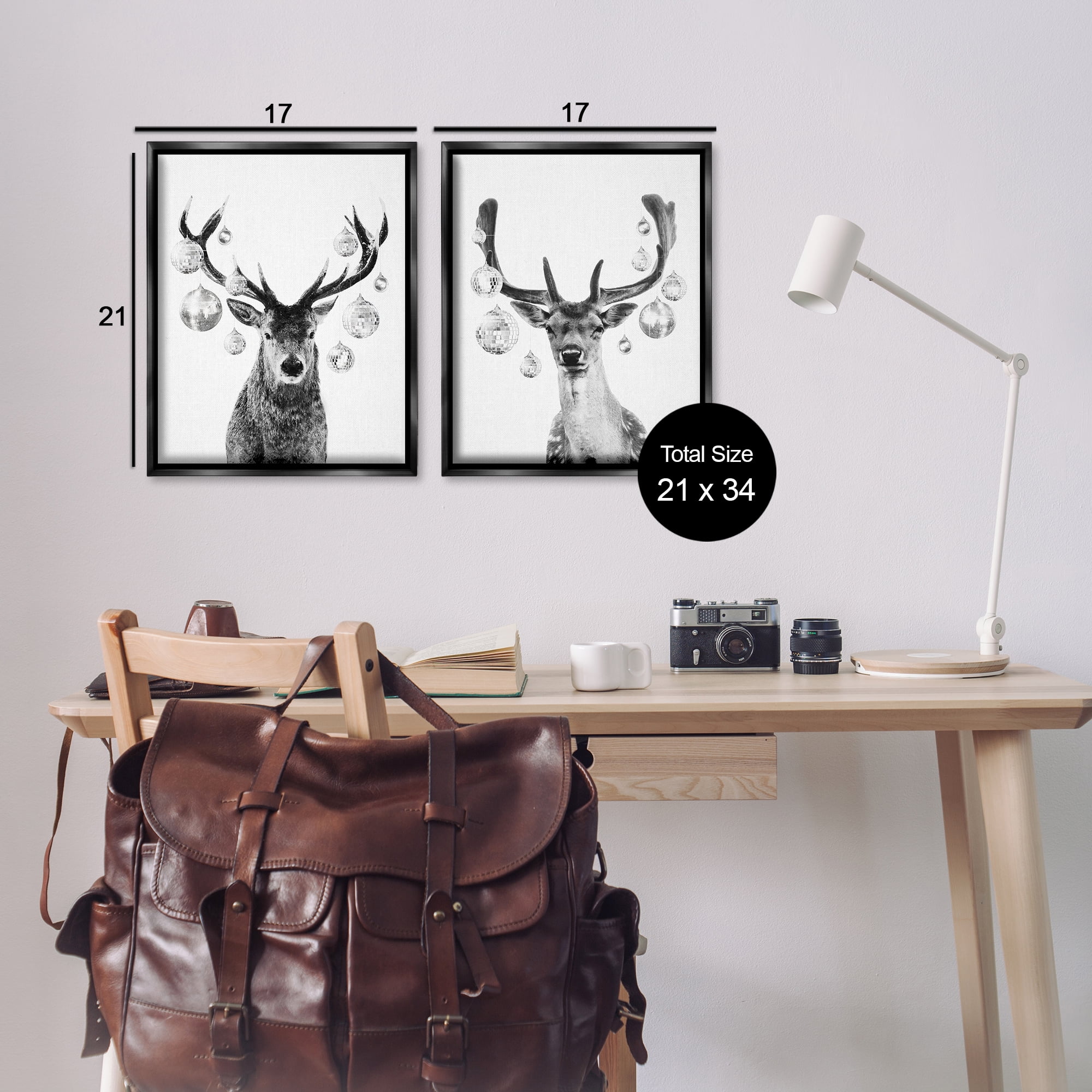 Stupell Industries Black and White Disco Deer Holiday Painting Black Floater Framed Canvas Art Print Wall Art, 17 x 21, Set of 2