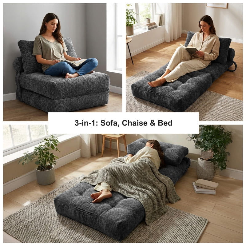 Oak and Birch Boneless Folding Sofa Bed, Convertible Floor Futon Chaise Lounge & Sleeper Bed, Shredded Foam Floor Couch for Living Room, Bedroom, Kids Room, Apartment, Chenille, Charcoal