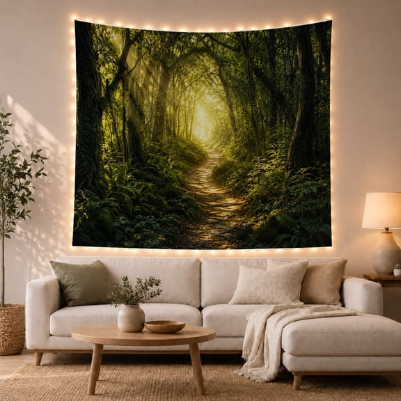 Forest Path Illuminated with Dappled Sunlight Narrow Winding, Serene Watercolor for Plant Lovers, Botanical Wall Art, Halloween Gift, Tapestry Wall Hanging for Bedroom and Dorm
