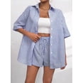 thumbnail image 4 of Womens Collar Casual Striped Short Sleeve Pants Set Two Piece Lounge Wear Summer Outfit Blue Suit M, 4 of 9