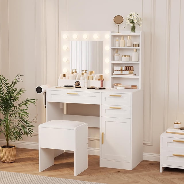 Ourlova Vanity Table Set with Built-In 3-Color LED Bulbs & Storage Ottoman, Particle Board Makeup Desk, White