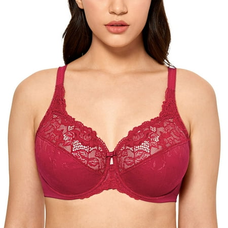 

DELIMIRA Women s Full Coverage Underwire Unlined Minimizer Lace Bra Suportive Plus Size Bras For Woman