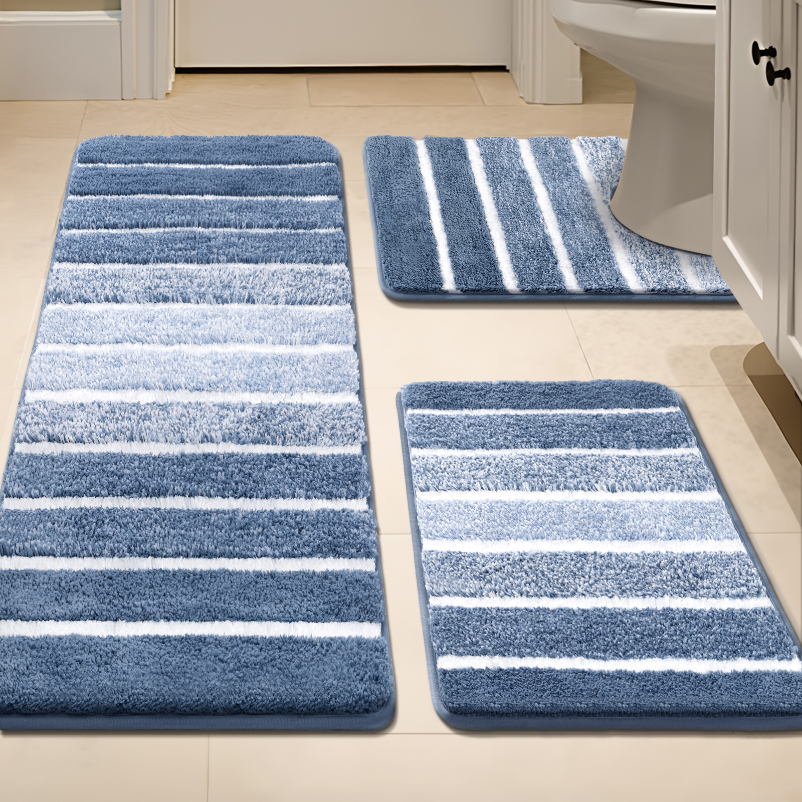 Findosom Bathroom Rugs Set of 3,Absorbent Non-Slip Machine Washable Bath Rugs, Microfiber Quick Dry Bath Mats for Bathroom Floor Tub Shower Bedroom Kitchen,18"x26"+18"x48"+U Shape 20"x24" Blue