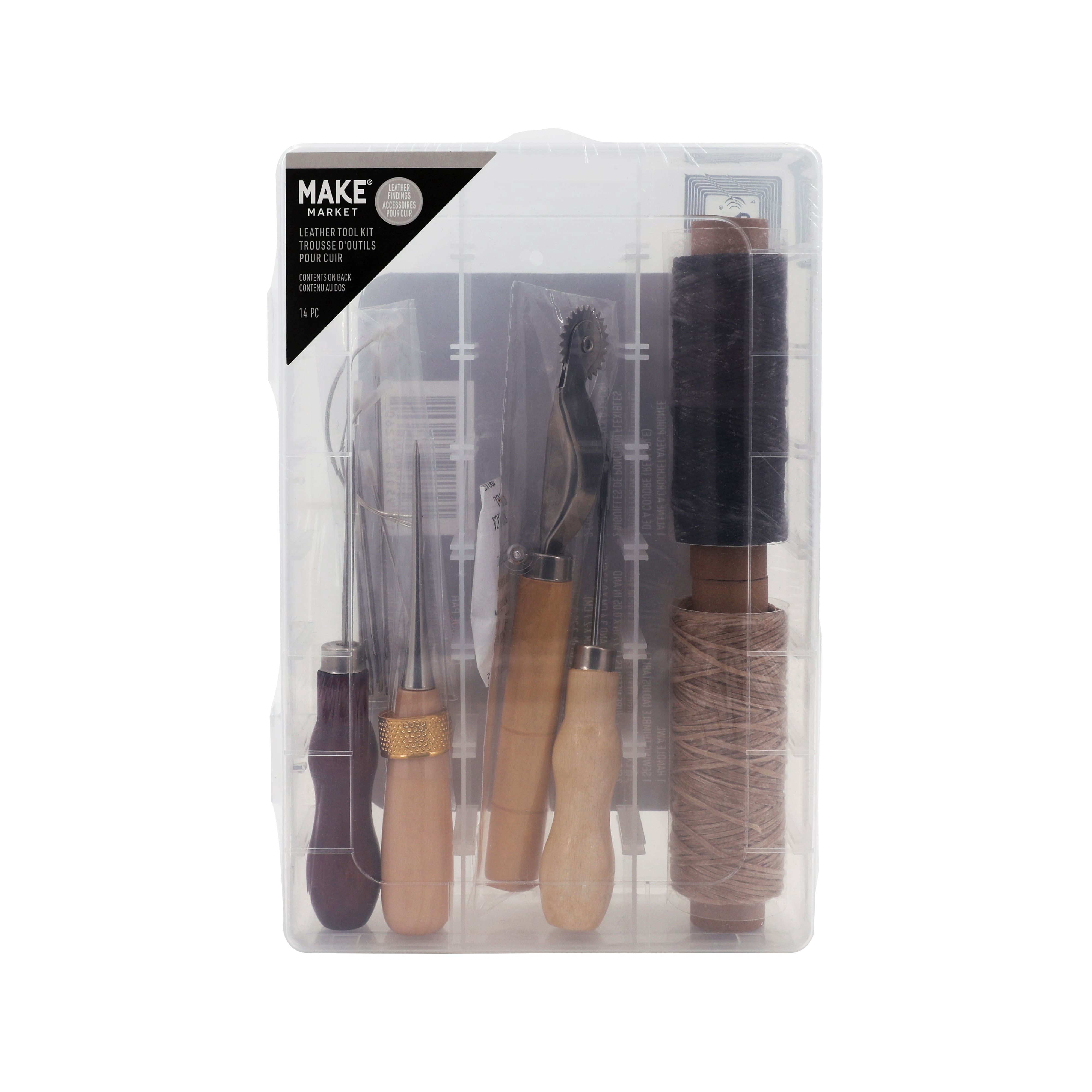 Make Market Leather Craft Tool Kit, Beginner DIY Sewing and Puncture Set, Brown and Silver, 14-Piece Set