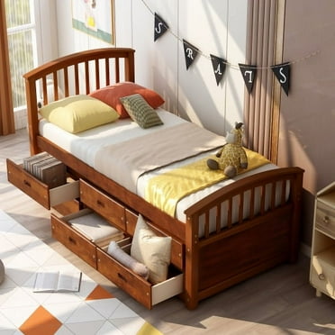 Twin Size Platform Bed Frame with 6 Storage Drawers,Solid Wood Captains Bed for Kids, Teens, Adults, No Box Spring Needed,Walnut
