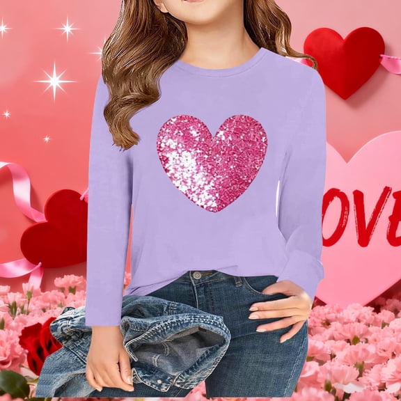 ITSAME Girls Long Sleeve Shirts, Round Neck Heart Graphic Valentine's Day Edition Pullover Shirts Purple 12-13T