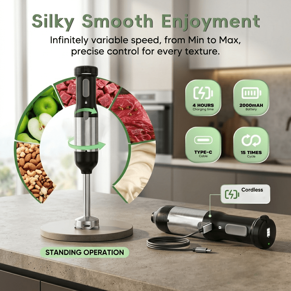 WHALL Cordless Immersion Blender, Rechargeable 5-in-1 Hand Blender with Whisk, Milk Frother Attachments, Portable Stick mixed,700ml Beaker, 500ml Chopper
