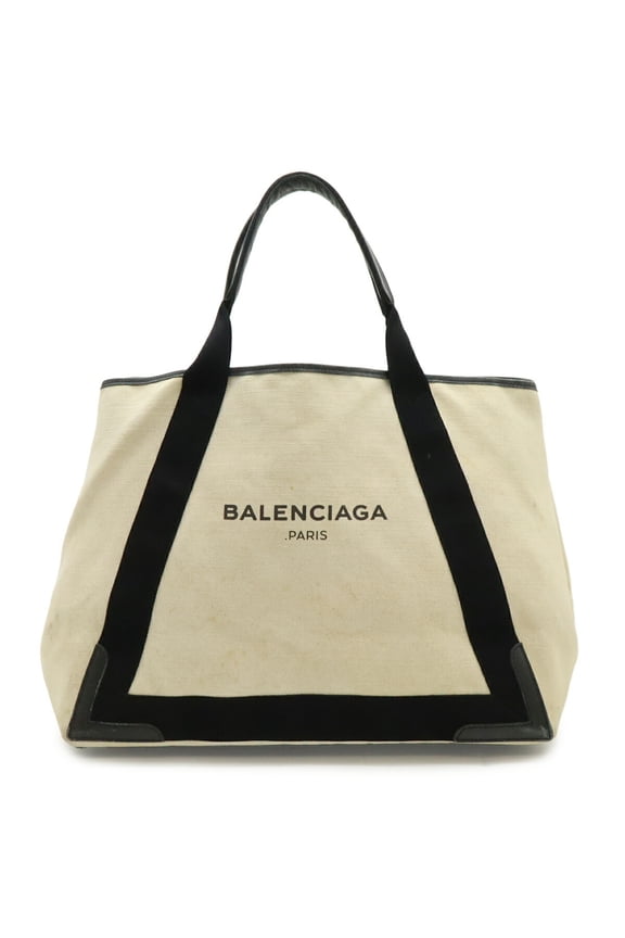 Pre-Owned BALENCIAGA Cabas M Tote Bag/Shoulder Bag, Navy, Canvas/Leather, Natural Black,...