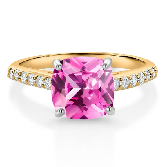 Gem Stone King 10K Yellow Gold 8MM Cushion Cut Pink Created Sapphire and White Lab Grown Diamond Engagement Ring for Women (2.93 Cttw, Gemstone September Birthstone, Size 8)