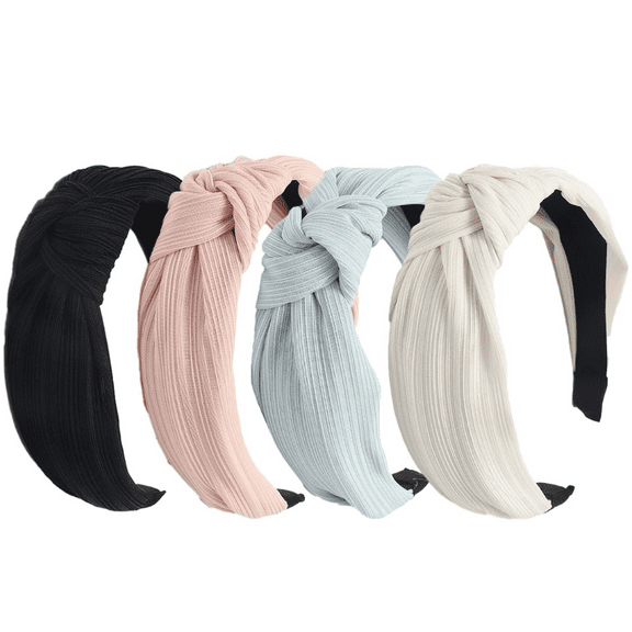 4 Pcs Wide Knotted Headbands for Women - Black,White, Pink, Blue Solid Head Bands for Top Knots, Washing Face, Gifts