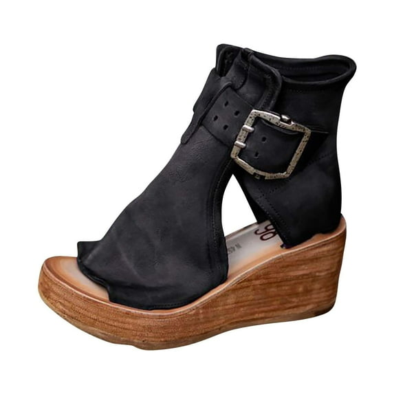 Puntoco Womens Sandals Clearance,Summer High-Top Wedge Sandals Thick-Soled Fish Mouth Roman Sandals Black 8.5(41)