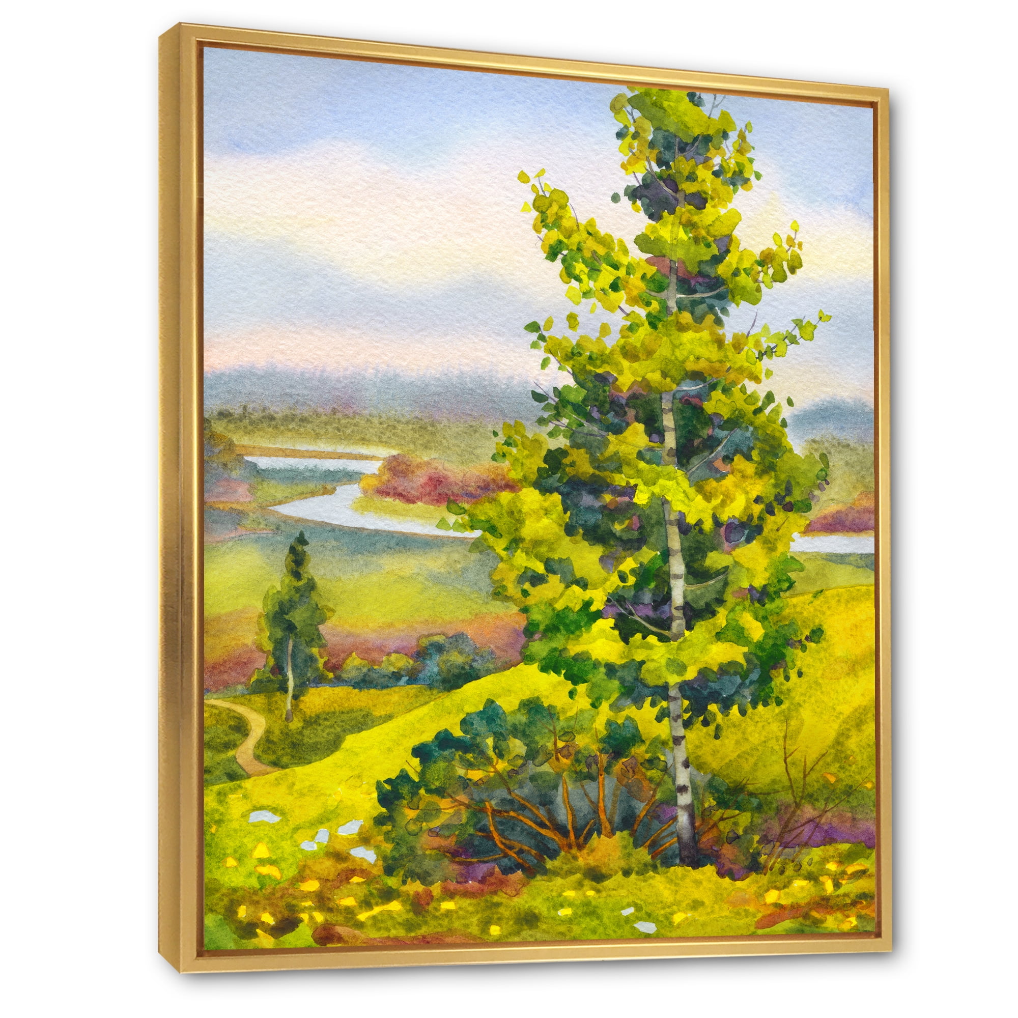Designart 'Colorful Young Orange Betulas Along Bank Of Calm Bay' Lake House Framed Canvas Wall Art Print