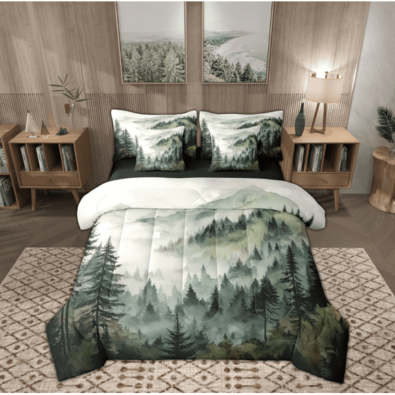 Manfei Rustic Pine Tree Twin Bedding Sets 7-Piece, Nature Scenery Bedding Comforter Set, Farmhouse Countryside Reversible Sheet Sets, Ultra Soft Home Decor