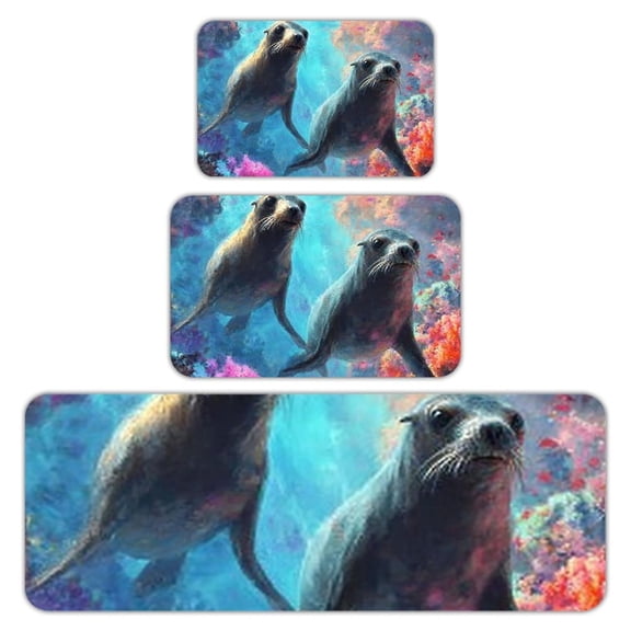 RKSupls Kitchen Rug Set 3 Piece Anti-Slip Flannel Floor Mats, Seal Ocean Colorful Washable Absorbent Runner Mats for Kitchen Bathroom Home Decor