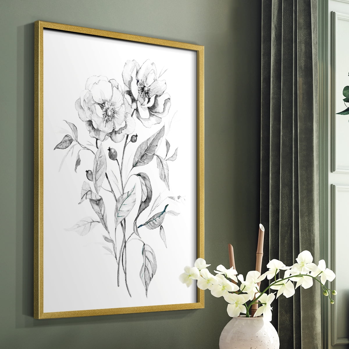 Wild Roses Sketch Framed Print in Gold Solid Wood 11 x 14 Framed Print