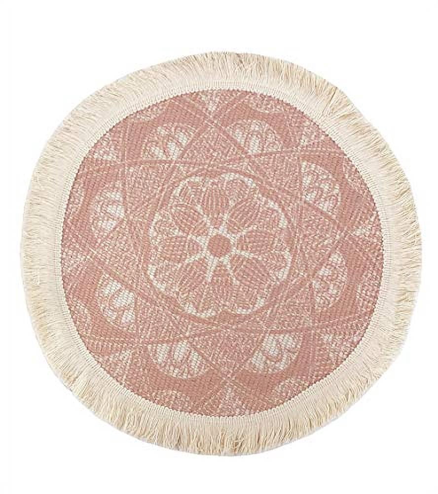 Fennco Styles Unique Dream Catcher Fringe Cotton Placemats 14-inch Round, Set of 4 - Pink Decorative Boho Table Mats for Home Decor, Dining Table, Banquets and Special Events
