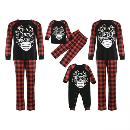 

Family Pajamas Christmas Matching Set Merry Christmas Printed Plaid Long Sleeve Round Neck Top+Trousers Sleepwear for Mom Dad Kids Baby
