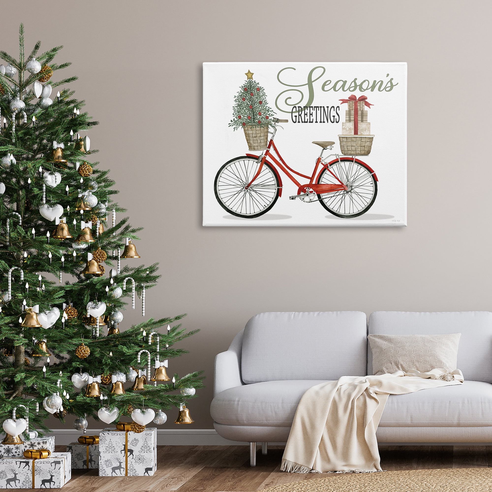Season's Greetings Festive Holiday Bicycle Gifts Basket Inspirational Graphic Art Gallery-Wrapped Canvas Print Wall Art