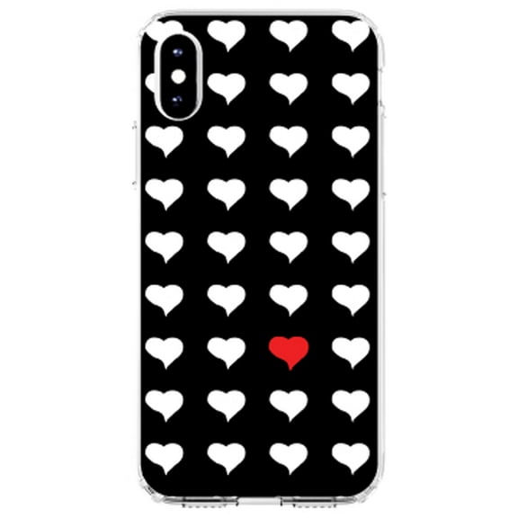 DistinctInk Clear Shockproof Hybrid Case for iPhone XR (6.1" Screen) - TPU Bumper, Acrylic Back, Tempered Glass Screen Protector - Red White Black Repeating Hearts