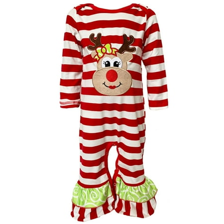 

AnnLoren Baby/Toddler Girls Boutique Christmas Reindeer Red Striped Romper