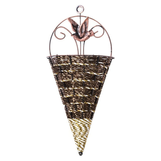 Wrought Iron Hanging Basket Rattan Wicker Cone Shape Flower Plant Pot