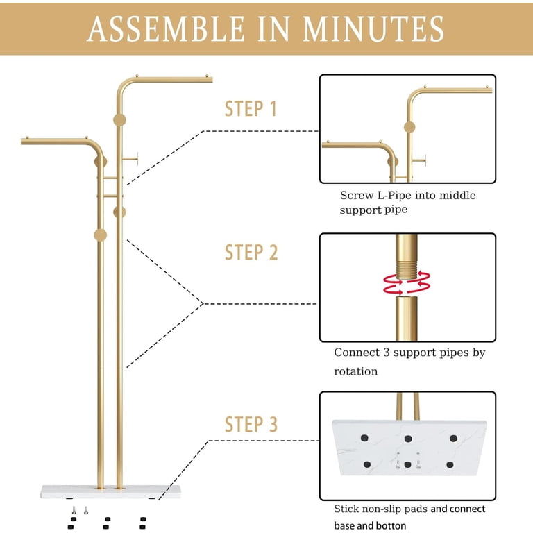TIEOU Freestanding Coat Rack With 8 Hooks - Gold & White, Marble Base, 66.9" Hall Tree For Hats & Bags