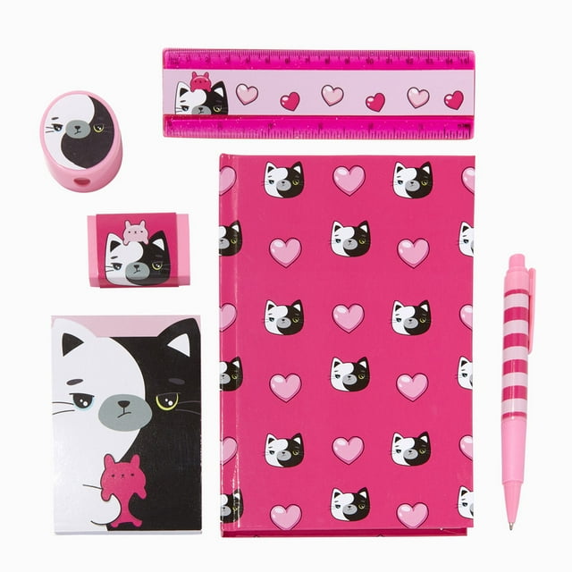 Claire's Ensemble de Papeterie Rose Moody Cat de 6 Pcs, Comprend Bloc-Notes, Règle, journal, Taille-Crayon, Stylo et Gomme, 2157