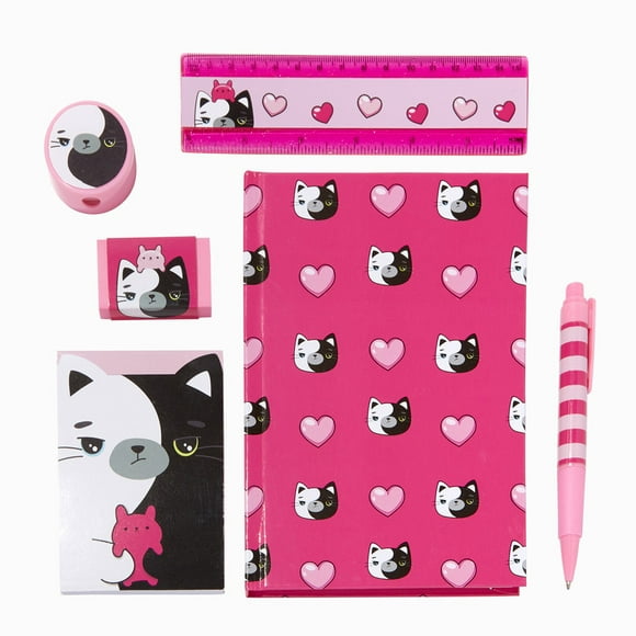 Claire's 6 Piece Moody Cat Pink Stationery Set, Includes note pad, ruler, journal, pencil sharpener, pen and eraser, 2157