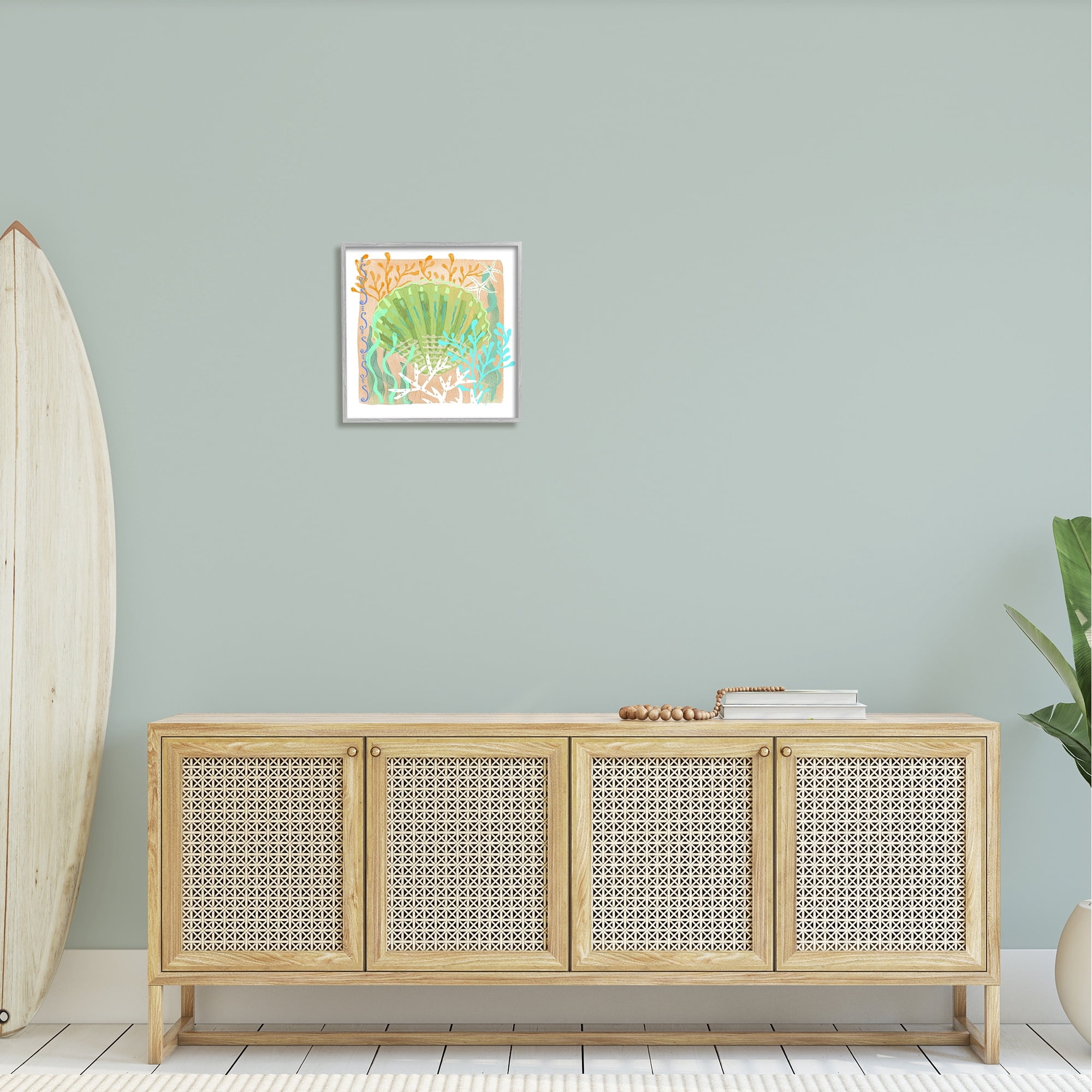Stupell Industries Vivid Coral Overlay Beach Seashell Watercolor Pattern Graphic Art Gray Framed Art Print Wall Art, Design by unknown