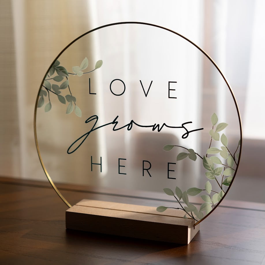 Inspirational "Love Grows Here" Translucent Tabletop Plaque with Solid Wood Base Stand