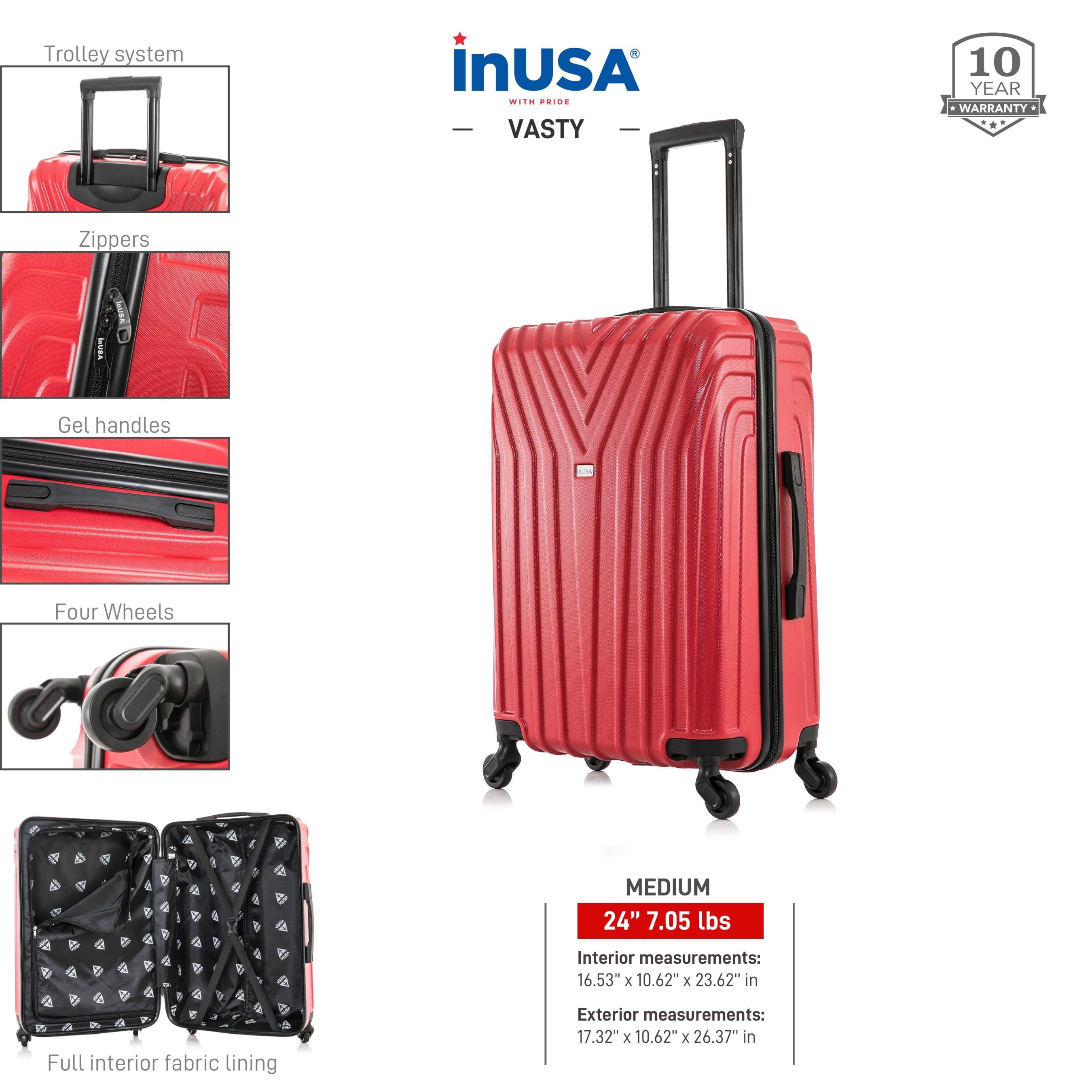 InUSA Vasty 24" Hardside Lightweight Luggage with Spinner Wheels, Handle, and Trolley, Red