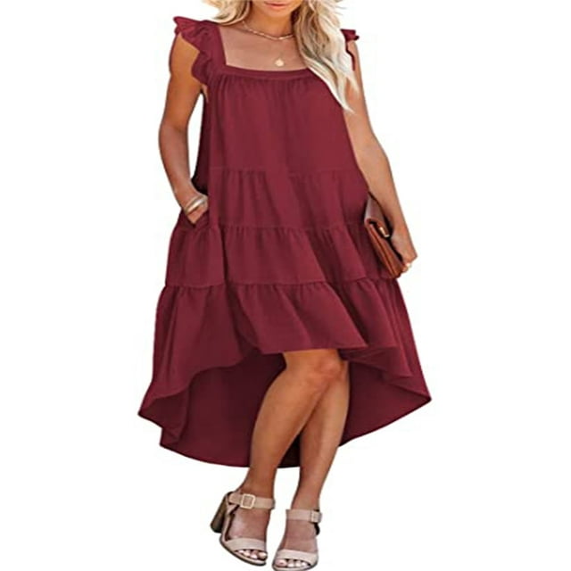 Women Summer Ruffled Sleeve Dress Contrast Color/Solid Color Square Neck Irregular Hem Dress for Beach Date